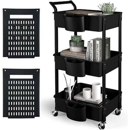3-Tier Utility Rolling Cart,Mobile Utility Cart with Lockable Caster Wheels,Storage Shelves Organizer Cart, 4 Hanging Baskets, Easy Assembly,for Bathroom, Kitchen, Office, Workshop