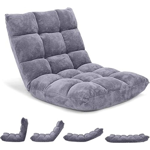 Byroce Folding Floor Gaming Chair, 14-Position Adjustable Lazy Padded Sleeper, Sofa Bed with Back Support, Couch Recliner Floor Chair for Meditation, Reading in Bedroom, Living Room (Grey)