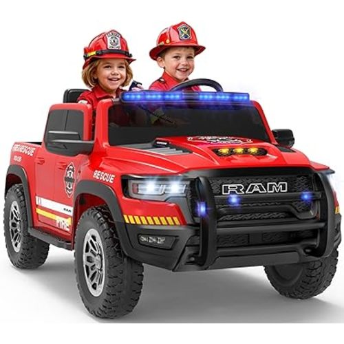 First Ride On Licensed Ram 1500 RHO 24V Kids Ride on Fire Truck, 2-Seater Firetruck Ride on Car with Remote Control, Electric Car for Kids with Siren, Flashing Lights, Bed Storage (Red 180W)