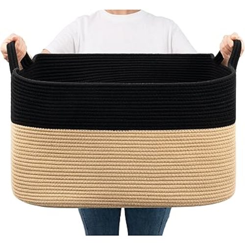 Goodpick Large Woven Storage Basket, 21.6" x 14.9" x 11.8" Rectangle Cotton Rope Laundry Basket with Handles, Baby Toy Blanket Storage for Living Room, Bedroom