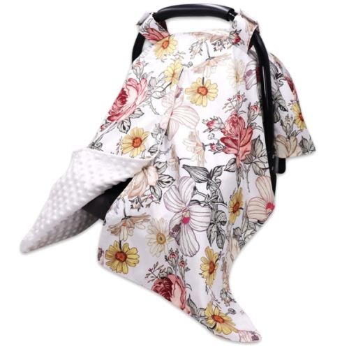 Floral Baby Car Seat Canopy Soft Plush Dotted Backing Baby Car Seat Cover Girls, Infant Carseat Canopy, Stretchy Multi- use Nursing Cover for Stroller/High Chair/Shopping Cart/Car Seat Canopies