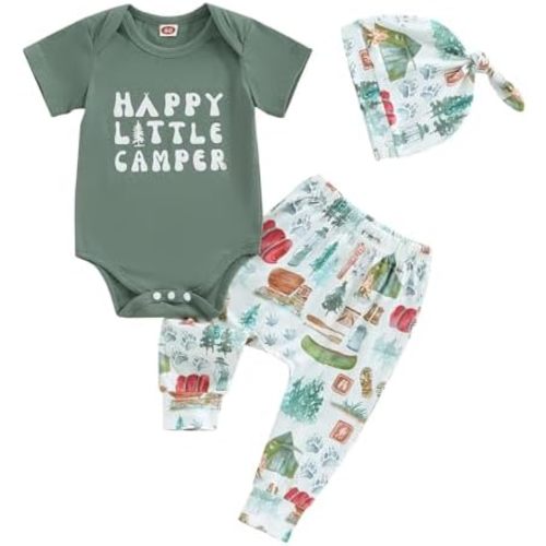 Omkzanbi Newborn Boy Outfit Happy Little Camper Bodysuit Retro Woodland Camping Jogger Pants Hat Cute 3Pcs Coming Home Outfit