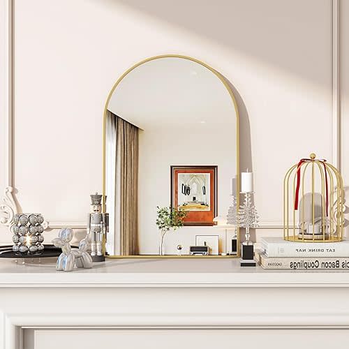 Arched Wall Mirror, 16 x 24 inch Arch Bathroom Mirror, Wall Mounted Vanity Mirror with Arch Metal Frame, Modern Bathroom Vanity Mirror for Bedroom, Living Room, Hanging or Leaning, Gold