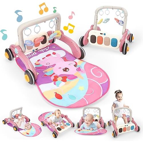 Baby Play Gym Walker Learning for Boy Girl, Baby Play Mat Kick and Play Piano Musical Activity Center Tummy Time Mat for Infant Newborn Toddlers Gifts Adjustable Height (Pink)