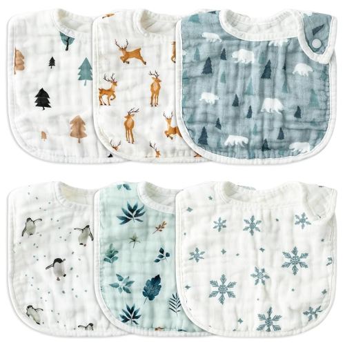 Zainpe 6Pcs Snap Muslin Cotton Baby Bibs Cute Themes Snowflake Penguin Pattern Infants Drooling Bib Adjustable Burp Cloth Soft Absorbent Feeding Cloths for Unisex Newborn Toddler Teething Eating