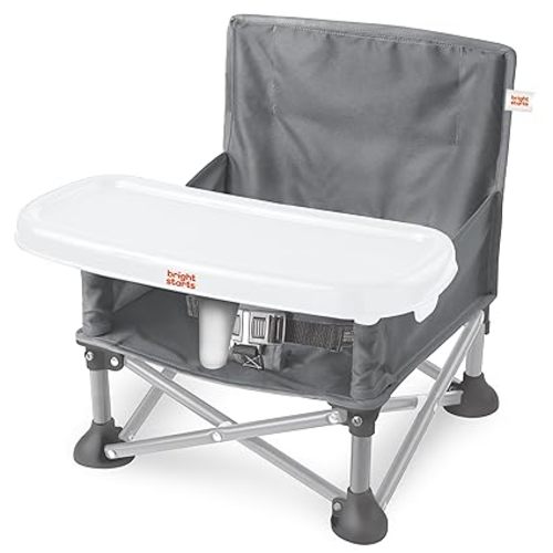 Bright Starts Pop 'N Sit Portable Booster, Indoor/Outdoor Use, Floor Seat with Feeding Tray, Grey, 6 Mos - 3 Yrs