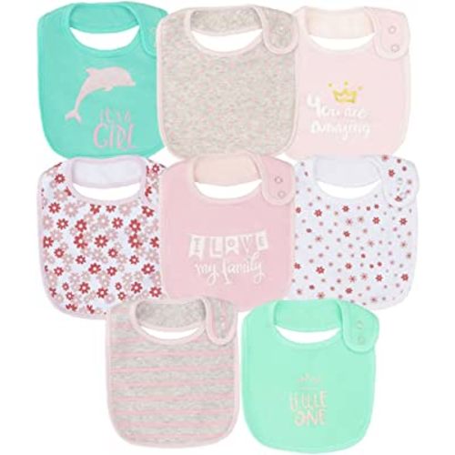 Maiwa Cotton Waterproof Baby Girls' 8 Pack Bibs with Buttons for Teething Drooling Eating