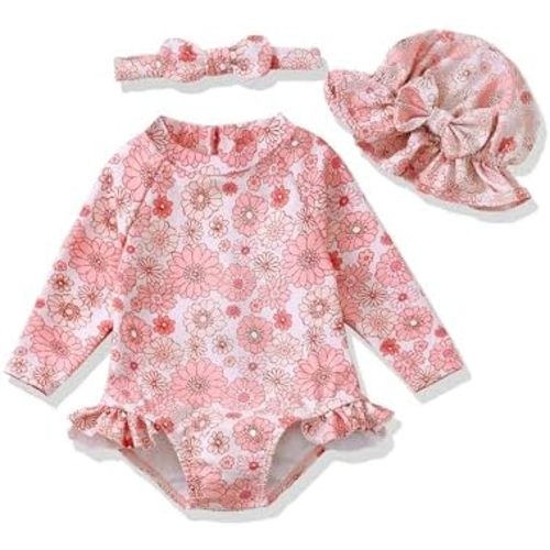 Baby Girl Swimsuit Long Sleeve One-Piece Swimwear with Hat Rash Guard Ruffle Floral Zipper Beach Infant Bathing Suit