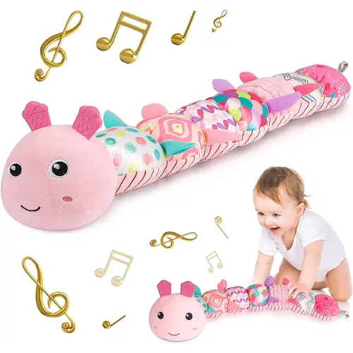 Infant Baby Musical Stuffed Animal Activity Soft Toys with Multi-Sensory Crinkle, Rattle and Textures, for Tummy Time Newborn 0-3-6-12 Months Girls, Caterpillar, Pink