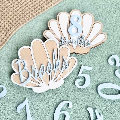 Beach Baby Milestone Photo Seashell Baby Name Monthly Milestone Wood Sign Beach Theme Nursery Decor Baby Shower Gift Set Baby Room Decor