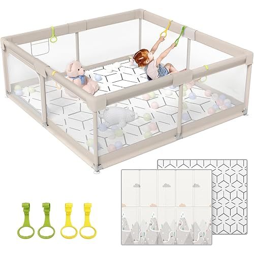 ZEEBABA Baby Playpen with Mat, Playpen for Babies (59x59x27inch), Kids Safety Play Pen for Babies and Toddlers, Extra Large Playpen Playmat, Baby Playpen Fence Gives Mommy a Break, Large Baby Play Yard