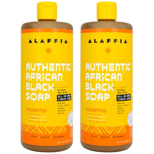 Alaffia Skin Care, Authentic African Black Soap, All in One Liquid Soap, Acne Face Wash, Moisturizing Body Wash, Shampoo, Shaving Soap, Shea Butter, Unscented (2 Pack - 32 Fl Oz Ea)