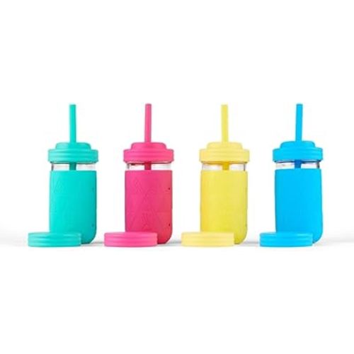 Elk and Friends Kids & Toddler Drinking Cups | Original Glass Mason Jar 12 oz with Silicone Sleeves + Straws | Smoothie Drinks | Spill Proof