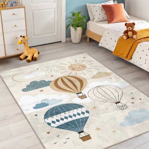 Dreamy Hot Air Balloon Kids Area Rug - Nordic Whimsical Sky Adventure Carpet - Boho Nursery Playroom Mat - Pastel Clouds Toddler Room Decor