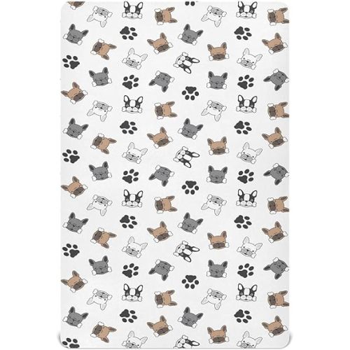Fitted Crib Sheets Dog French Bulldog Pug Dog Paw Stretchy Portable Playard Sheets for Baby Toddler, Breathable Soft Mini Crib Mattress 39 x 27 in for Boys and Girls