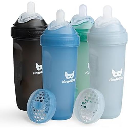 Herobility Double Anti-Colic Baby Bottles – 12 fl oz/340ml – 4-Pack – BPA-Free - Multicolor – Denim, Black, Dusky Green, Gray