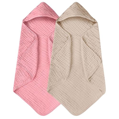 Yoofoss Hooded Baby Towels for Newborn 2 Pack 100% Muslin Organic Cotton Baby Bath Towel with Hood for Babies, Infant, Toddler and Kids, Large 32x32Inch, Soft and Absorbent Newborn Essential