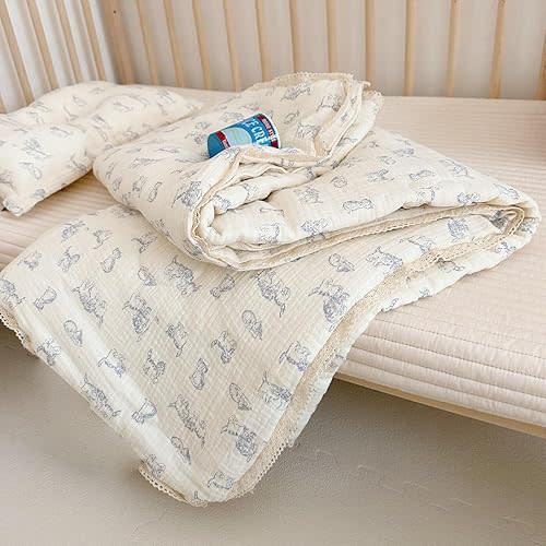 BuLuTu Baby Crib Quilt Cotton Muslin Toddler Blanket for Kids Boys Girls Soft Breathable Toddler Comforter Nursery Quilted Blankets with Lace Edges, 47x59 Inches, Blue Cat Pattern, No Pillow