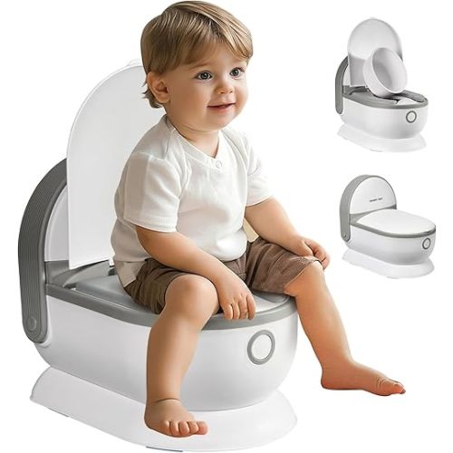 Toddler Potty Training Toilet - Realistic Toilet for Kids 6 Months+ with Detachable Training Seat,Baby Potty with Comfortable Backrest & Splash Guard,Easy to Clean & Assemble,Weight Capacity 66 Pounds