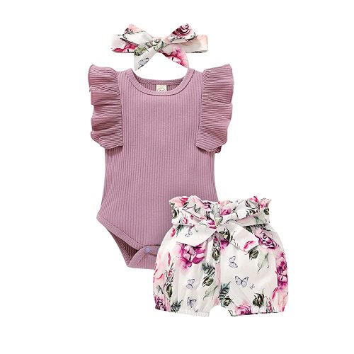 Tiny Cutey Baby Girl Clothes Infant Summer Outfits Set Ruffle Sleeve Romper and Floral Shorts with Headband