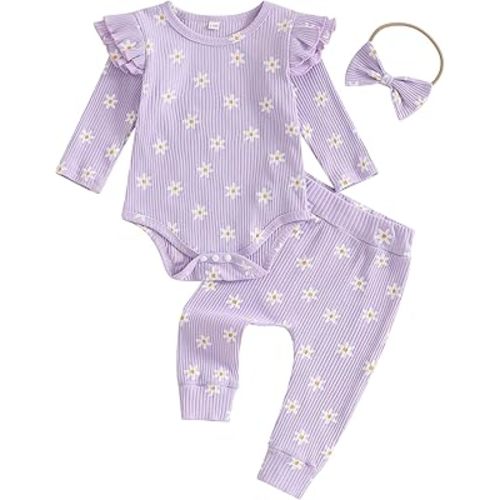 Newborn Baby Girl Outfits Flower Ribbed Ruffle Long Sleeve Romper and Pant set 3pc Infant Girl Fall Winter Clothes