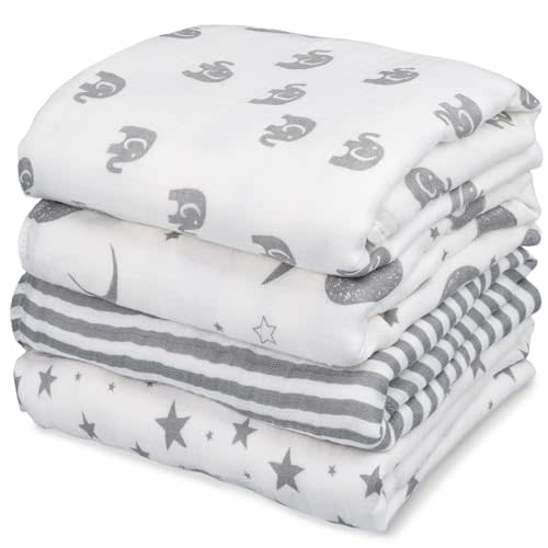 GLLQUEN BABY Muslin Swaddle Blankets 4-Pack Breathable Receiving Blankets (35" x 40") Soft Baby Blankets for Girls and Boys Newborn Essentials Muslin Burp Cloths Swaddle Wrap Baby Gift (Elephant)