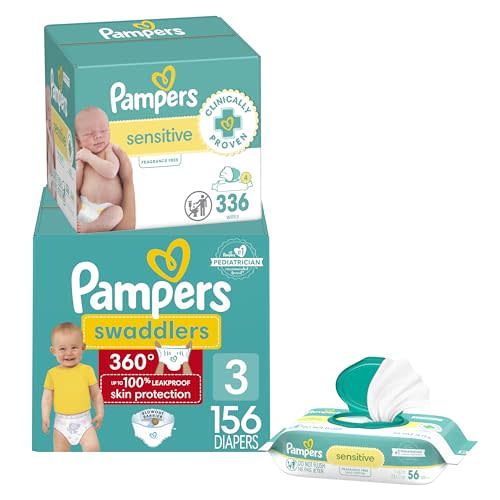 Pampers Swaddlers 360 Pull-On Diapers, Size 3, 156 Count, with Sensitive Baby Wipes, 4 Flip-Top Packs (336 Wipes Total) [Packaging May Vary]