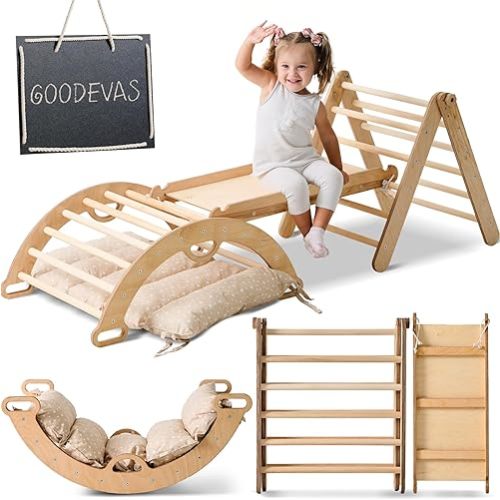 5-in-1 Indoor Climbing Frame for Toddlers -Triangle Ladder, Climbing Arch, Slide, Rope and Cushion, Montessori Climbing Frame, Kids Wooden Gym, Foldable Climbing Toys for Kids 1-3 Age