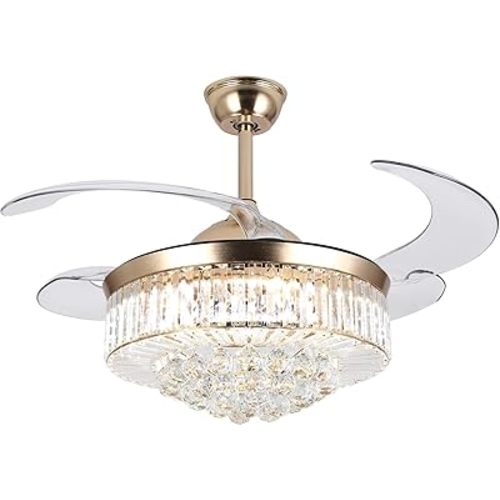 42" Ceiling Fans with Lights,Reversible Modern Crystal Ceiling Fans Light with Remote Control,3 Color Changeable, 3 Speed, 4 Retractable ABS Blades for Living Room Dining Room Decoration