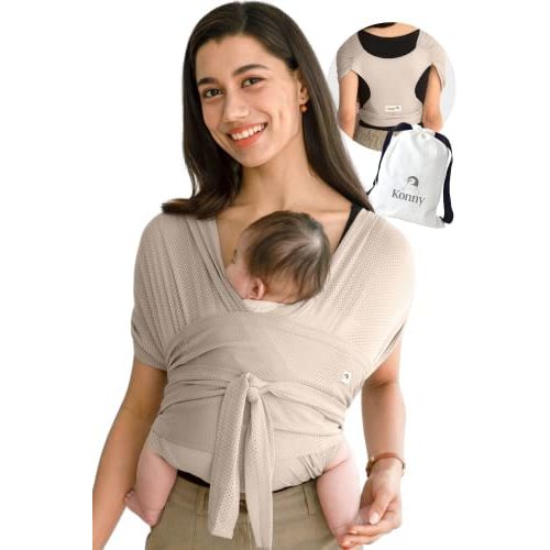 Konny Baby Wrap Carrier (Air-Mesh for Summer), Hassle-Free Moisture Wicking and Breathable Infant Sling, Perfect for Newborn Babies to 44 lbs Toddlers (Beige, L)