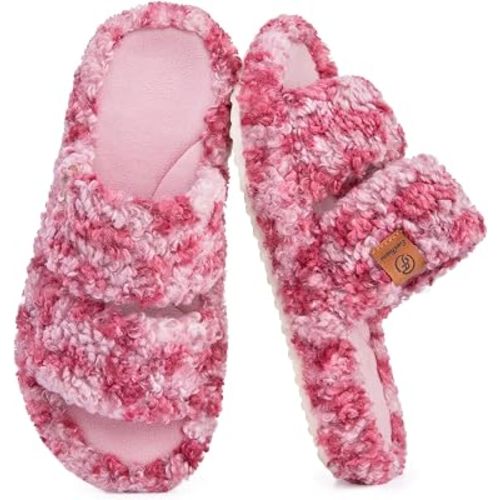 EverFoams Womens Fuzzy Open-toe Slippers Memory Foam Indoor House Shoes