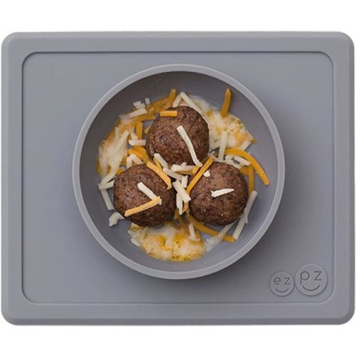 ezpz Mini Bowl for 12 Months+ (Gray) - 100% Silicone Suction Bowl with Built-in Placemat for Toddlers - Comes with a Reusable Travel Bag