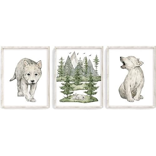 Baby Wolf Cub Woodland Forest Animals Wilderness Watercolor Nursery Decor Set of 3 Unframed Prints