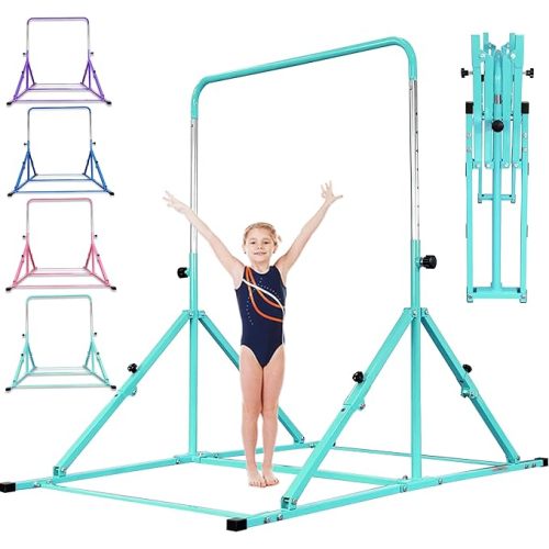 MARFULA Foldable Gymnastic Bar for Kids Ages 3-12, 9 Height Levels, 200 lbs Weight Capacity, 5 Ft Length Gymnastic Kip Bar with Mat, Gymnastic Equipment for Home and Gym Center Indoor Outdoor Use