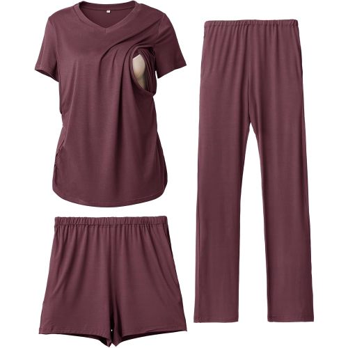 Rnxrbb 3 Piece Women's Maternity Nursing Pajamas Set V Neck Breastfeeding Pjs Sleepwear Postpartum Shorts&Pants Pockets,Dark purple M