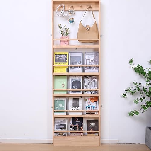 Wooden 5 Tiers Kids Bookshelf, Wall Mount Shelf with Hooks, Organizer for Toys and Books (Nature)