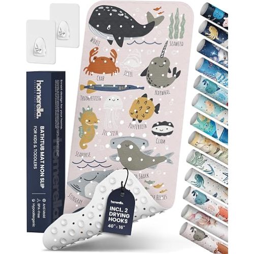 Bath Tub Mat Non Slip Anti Mold for Kids BPA Free INCL Hooks - homerella® Ocean Sea Animals 40x16, Baby Bath Mat Non Slip 200 Suction Cups, Non Toxic Machine Washable Toddler Bath Mat, EU Certified