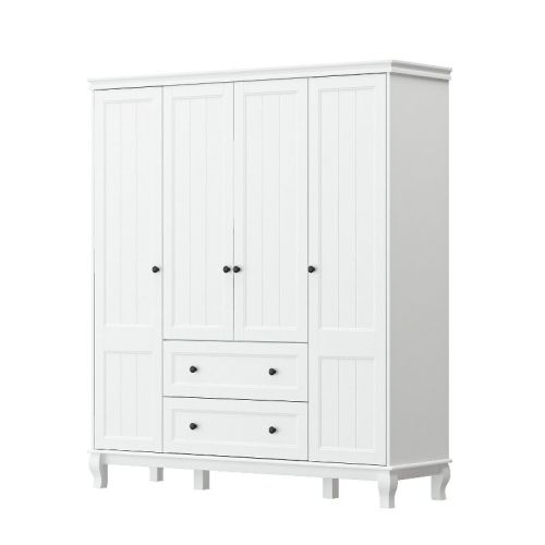 Famapy White Freestanding Wood Armoire With Drawers and Hanging Rods