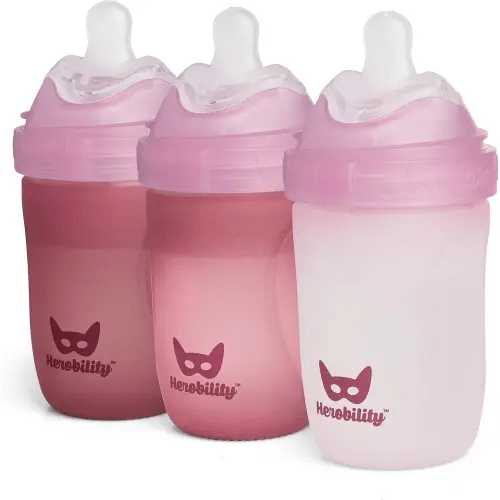 Herobility Glass Baby Bottle - 7 fl oz/220 ml - 3 Pack | Heat Sensing Color-Changing Bottle with Double Anti-Colic Nipple - Silicone Coating - Breastlike Nipples for Newborn Babies - Rose Color