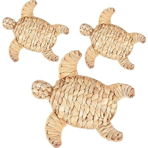 Threehoney 3 Pcs Sea Turtle Beach Theme Decor 2 Size Handmade Wicker Sea Turtle Wall Decor Hanging Coastal Nautical Sculpture for Boho Bathroom Indoor Outdoor Table Wall Art Ornament
