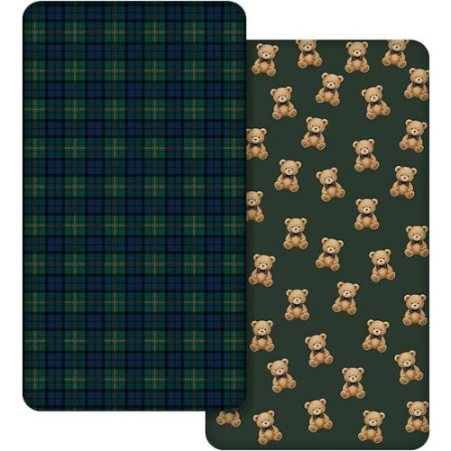 CroBlissful 2 Pack Tartan Plaids Bear Baby Crib Fitted Sheet 52'' x 28'' Stretchy Neutral Fitted Crib Mattress Sheet Baby Bedding for Standard Mattress Gift Set