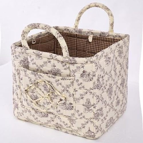 Quilted Fabric Car Storage Basket with Handles & Pocket, Foldable Laundry Hamper Boho Floral Print Organizer Bin for Home, Picnic, Office Nursery Cloth Toy 12"x10"x10" (Style D)