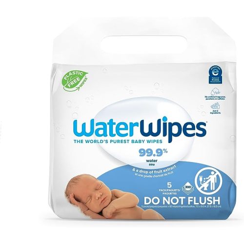 WaterWipes Plastic-Free Original Baby Wipes, 99.9% Water Based Wipes, Unscented & Hypoallergenic for Sensitive Skin, 300 Count (5 packs) - 60 Count (Pack of 5)
