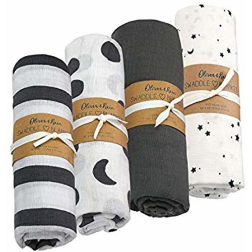 Oliver & Rain Organic Muslin Swaddle Sampler, 4-Pack Newborns - Black & White Star Print, Grey Arrow Print, Black & White Stripe Print, White - Bold Stripe, Bold Moon Print, Black & White Star Print, Solid Charcoal