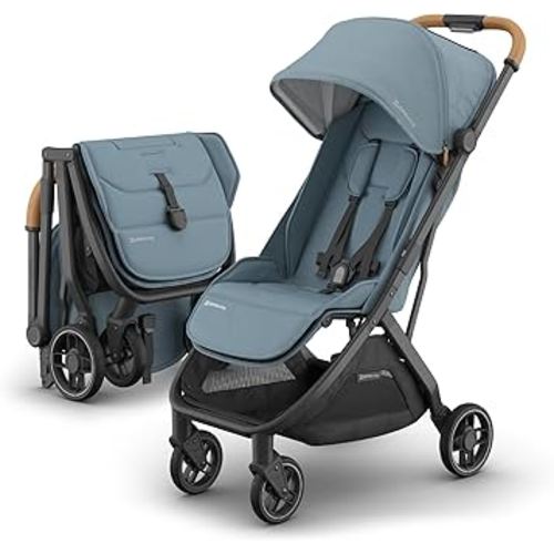 UPPAbaby Minu V3 Travel Stroller | Lightweight + Compact Design | One-Hand Fold + Unfold | from Birth + Overhead Compatible | Dillan (Stone Blue/Carbon Frame/Sand Leather)