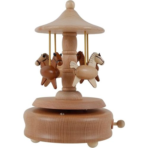 Carousel Music Box, Wooden Horse Musical Box, Vintage Beech Wood Rotating Carousel with Cute Carved Horses for Christmas Birthday Table Decoration Craft Collection