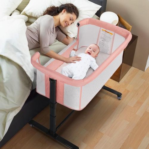 Kinder King Baby Bassinet 2 In 1 Bedside Sleeper Folding Portable W/storage Basket All-sided Mesh 6 Adjustable Height Comfy Mattress Dark Gray