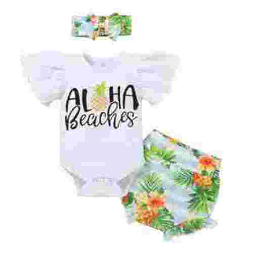 IBTOM CASTLE Newborn Baby Girls Casual Clothes Ruffles Sleeve Romper + Fruit Floral Bottoms Shorts + Headband 3PCS Summer Birthday Outfits 9-12 Months Pineapple