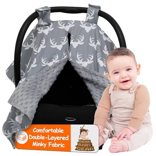 Dear Baby Gear - Baby Car Seat Canopy - Baby Carrier Cover - Infant Car Seat Cover - Carseat Covers with Snap Opening - Carseat Canopies for Boys & Girls - 40x30 (Antlers on Gray, Gray Dot)