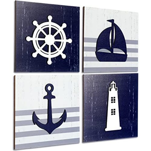 4 Pieces Nautical Wall Decor Anchor Ship Wheel Sailboat Lighthouse Wooden Sign Rustic Beach 3D Wood Print Sign Beach Bathroom Wooden Plaque Decor Ocean Coastal Theme Ocean Decor (Dark Blue, White)